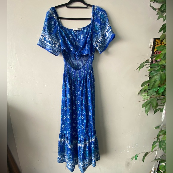 Rusttydustty Blue Floral Paisley Cutout Maxi Dress XL Boho Vacation Tie Front - Picture 6 of 14